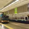 Mass transit train and bus at a station